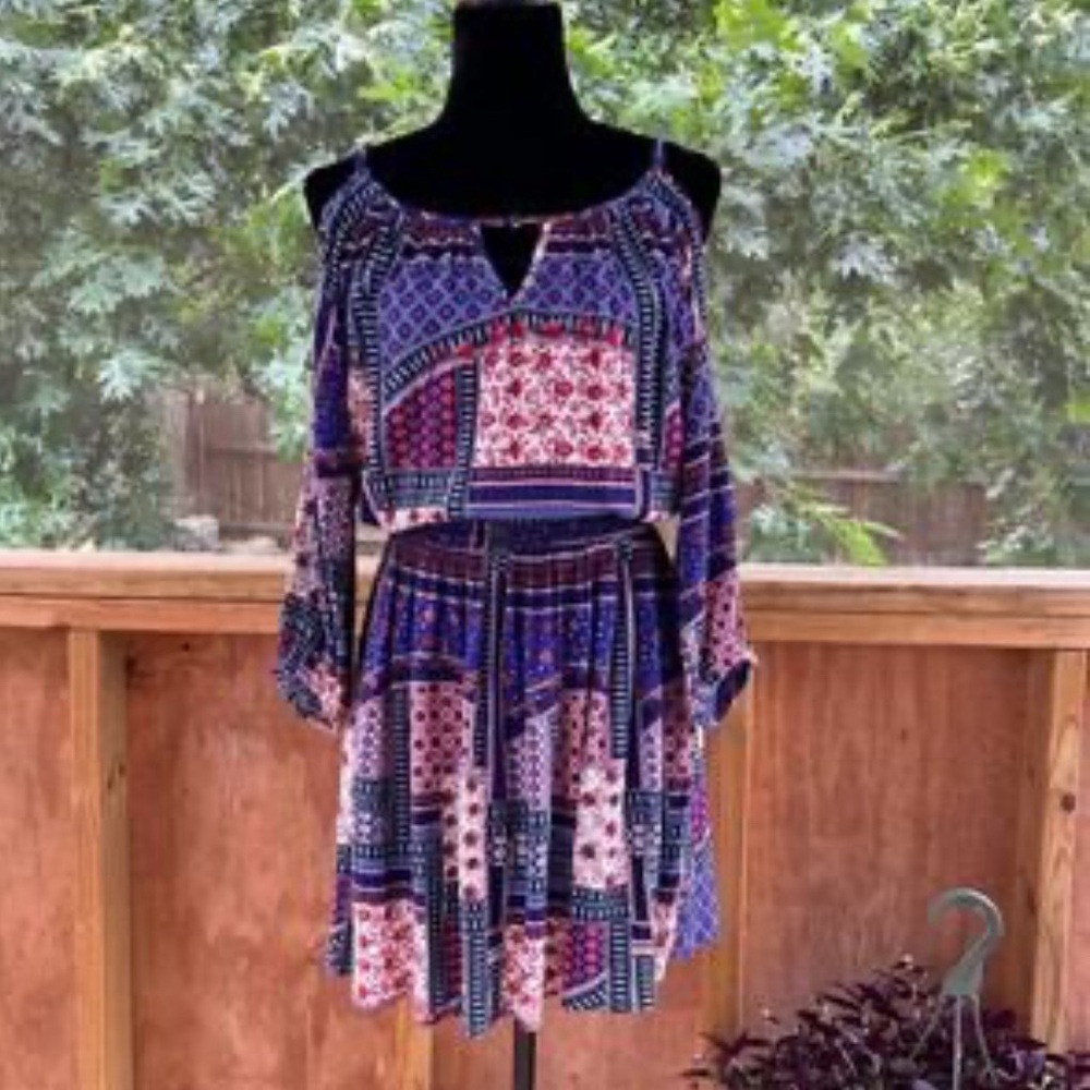 American Eagle Outfitters Bohemian Patchwork Cold Shoulder Mini Dress L NWOT
